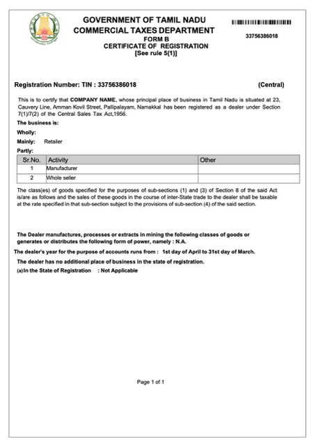 India Tamil Nadu certificate of registration Word and PDF template, version 2